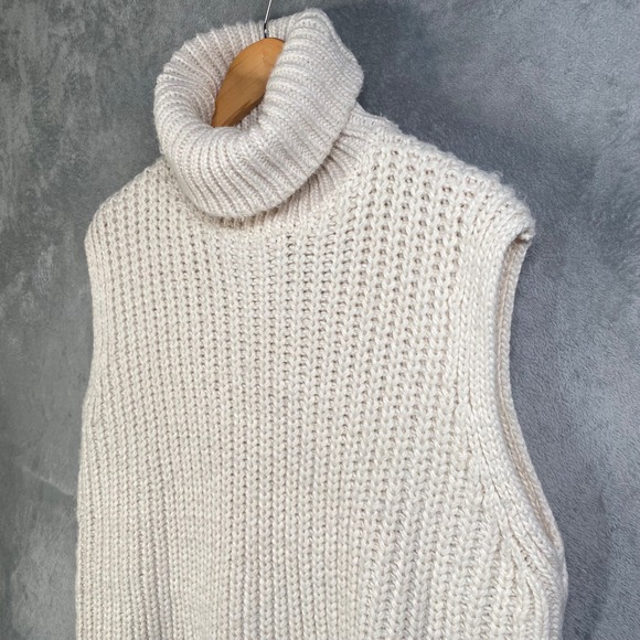 H&M Sweater Vest Women Large Cream Turtleneck Chunky Oversized Preppy Fisherman - Picture 4 of 5